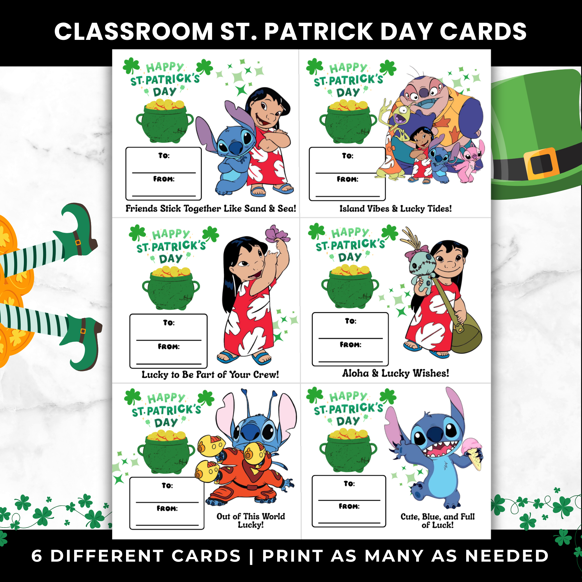 Lilo & Stitch St Patrick’s Day Cards for Kids Classroom