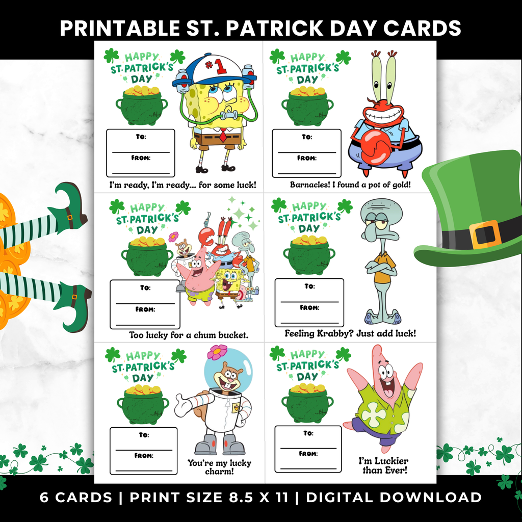 SpongeBob St Patrick’s Day Cards for Kids Classroom