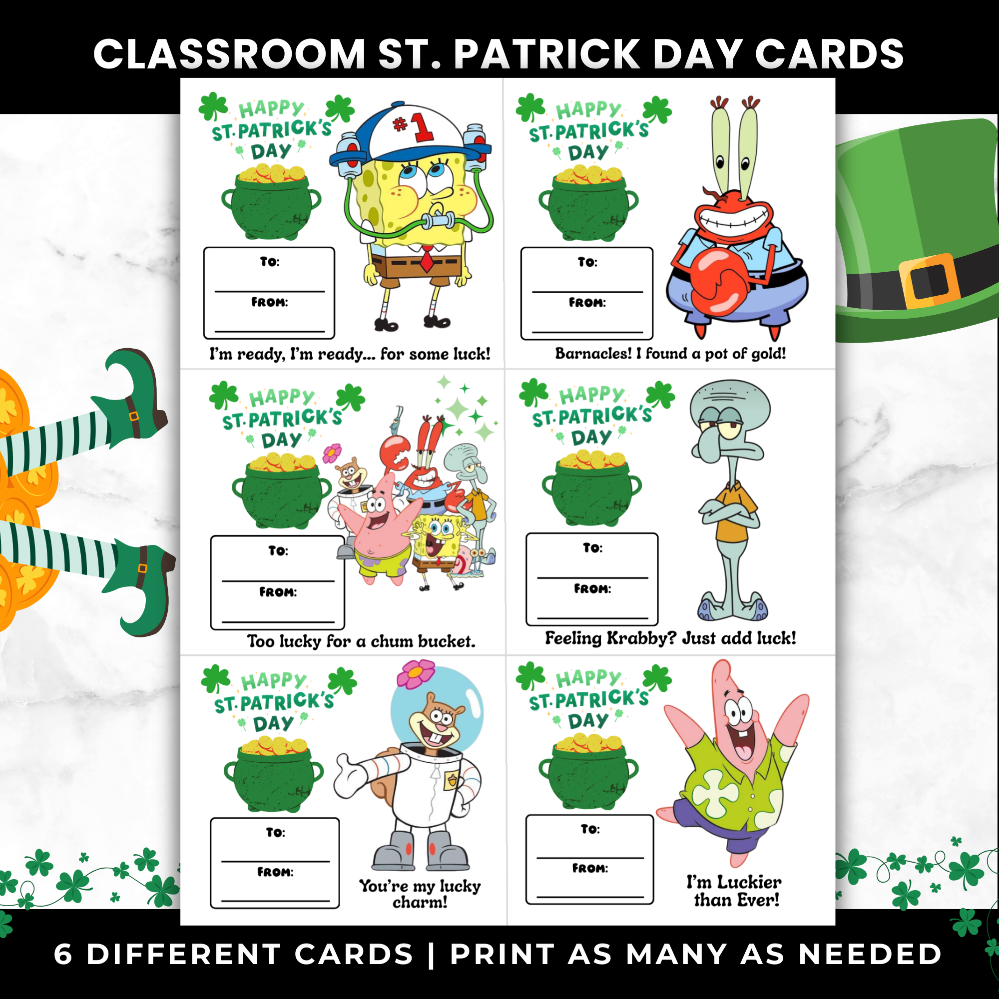 SpongeBob St Patrick’s Day Cards for Kids Classroom