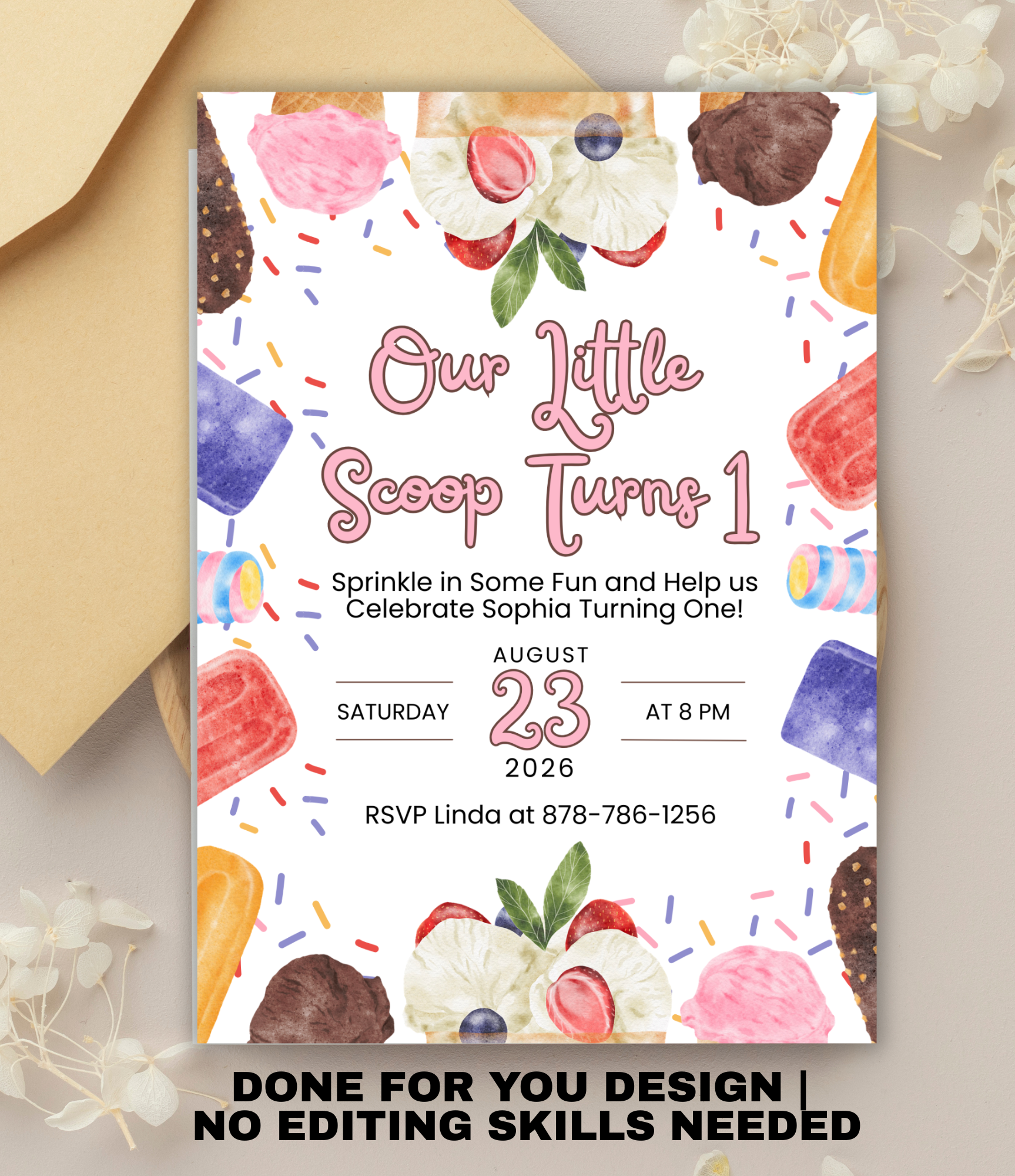 Ice Cream 1st Birthday Invitation for Girl | Sweet One Birthday Invite | Custom 5x7 Pink Ice Cream Party Invitation