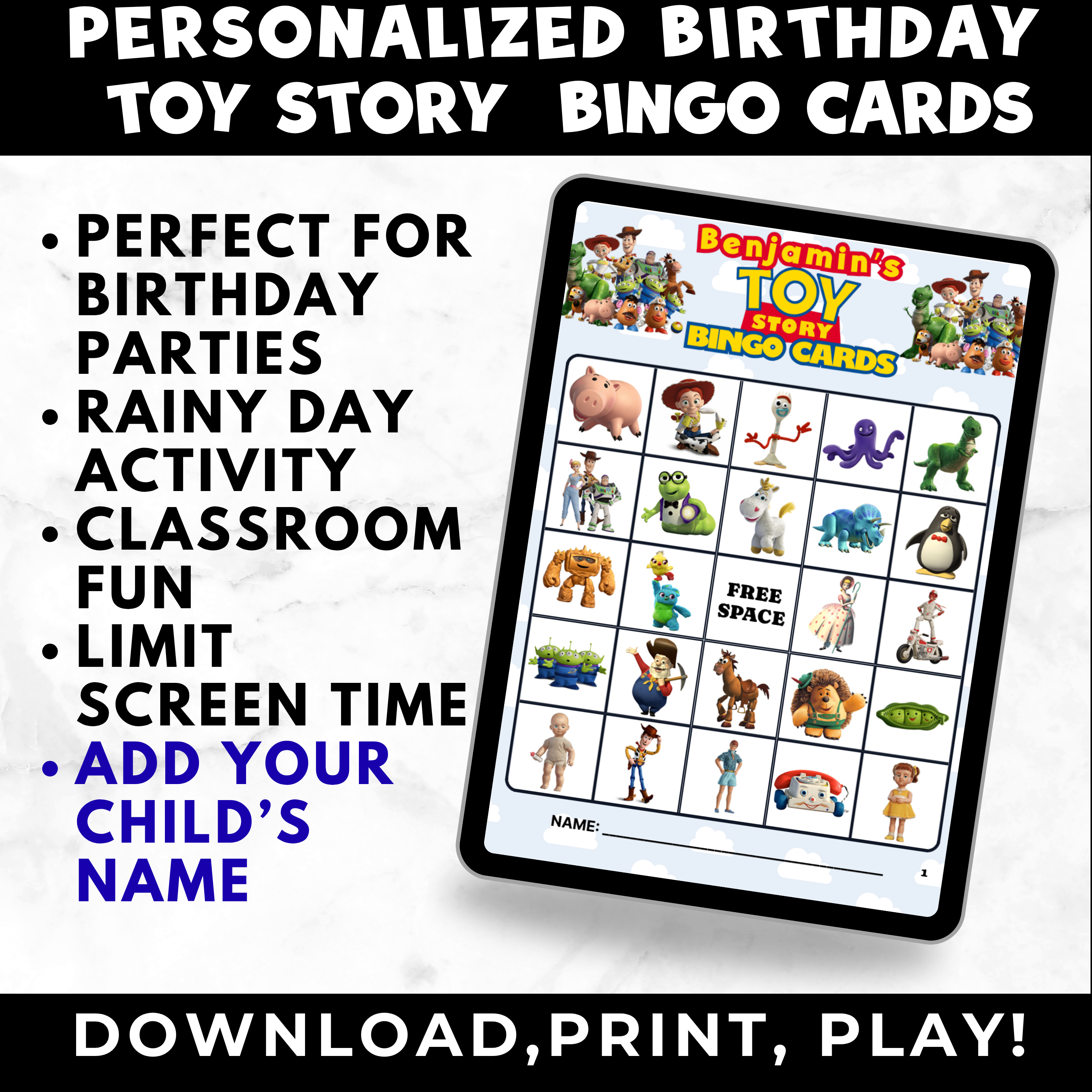 Personalized Toy Story Bingo Cards Printable | Toy Story Birthday Party Game