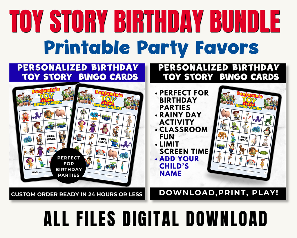 Toy Story Birthday Party Printables Bundle | Personalized Invitation, Bingo Cards, Scavenger Hunt, Memory Match & Custom Coloring Book