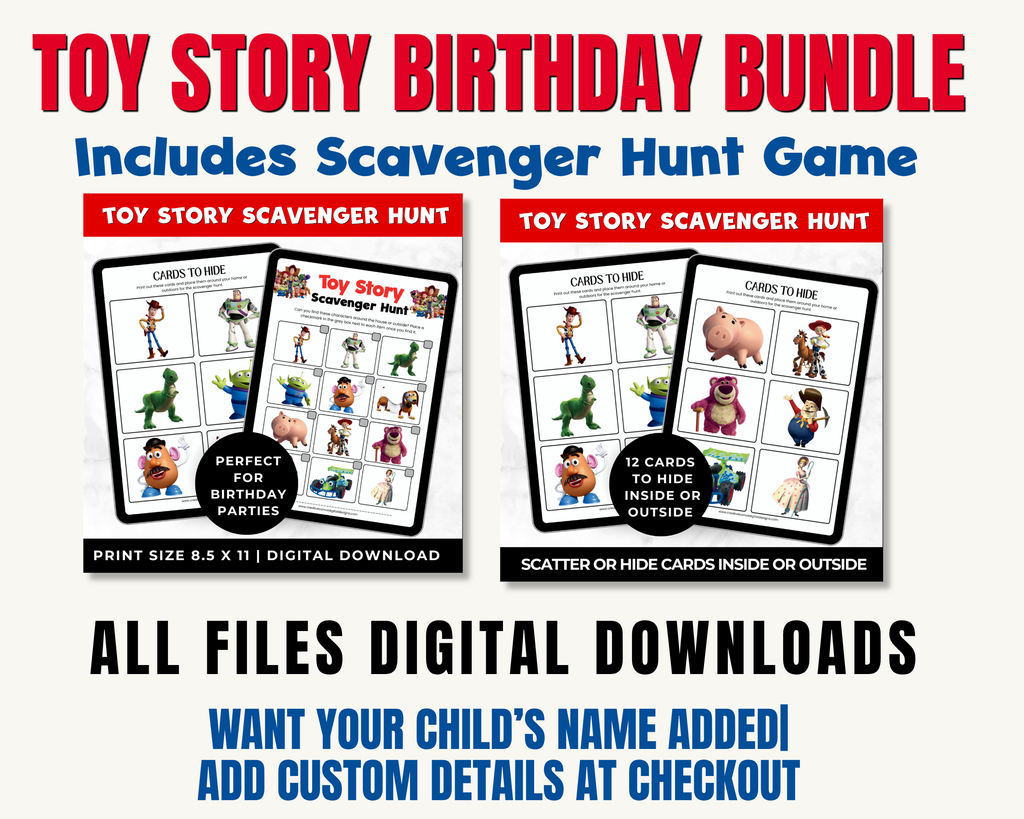 Toy Story Birthday Party Printables Bundle | Personalized Invitation, Bingo Cards, Scavenger Hunt, Memory Match & Custom Coloring Book