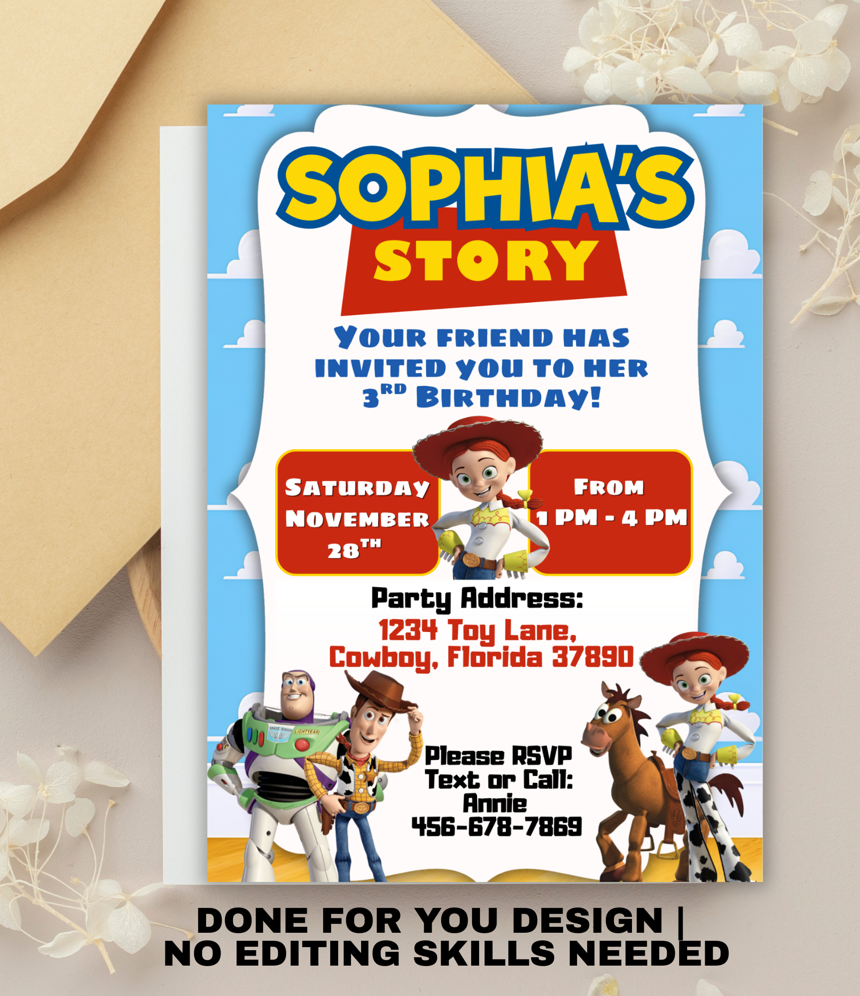 Toy Story Birthday Invitation Girl | Personalized Toy Story Birthday Invite | Custom 5x7 Party Invitation