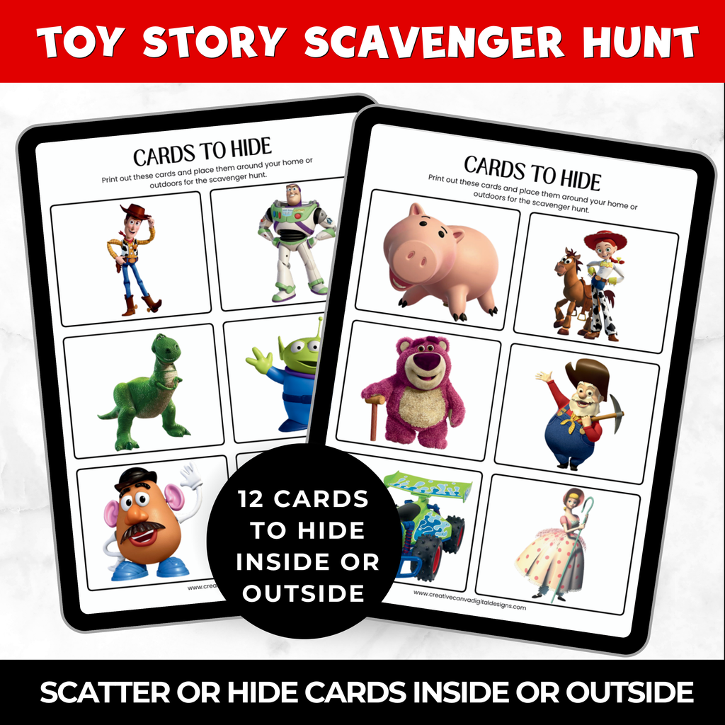 Toy Story Scavenger Hunt cards with character illustrations on a white background