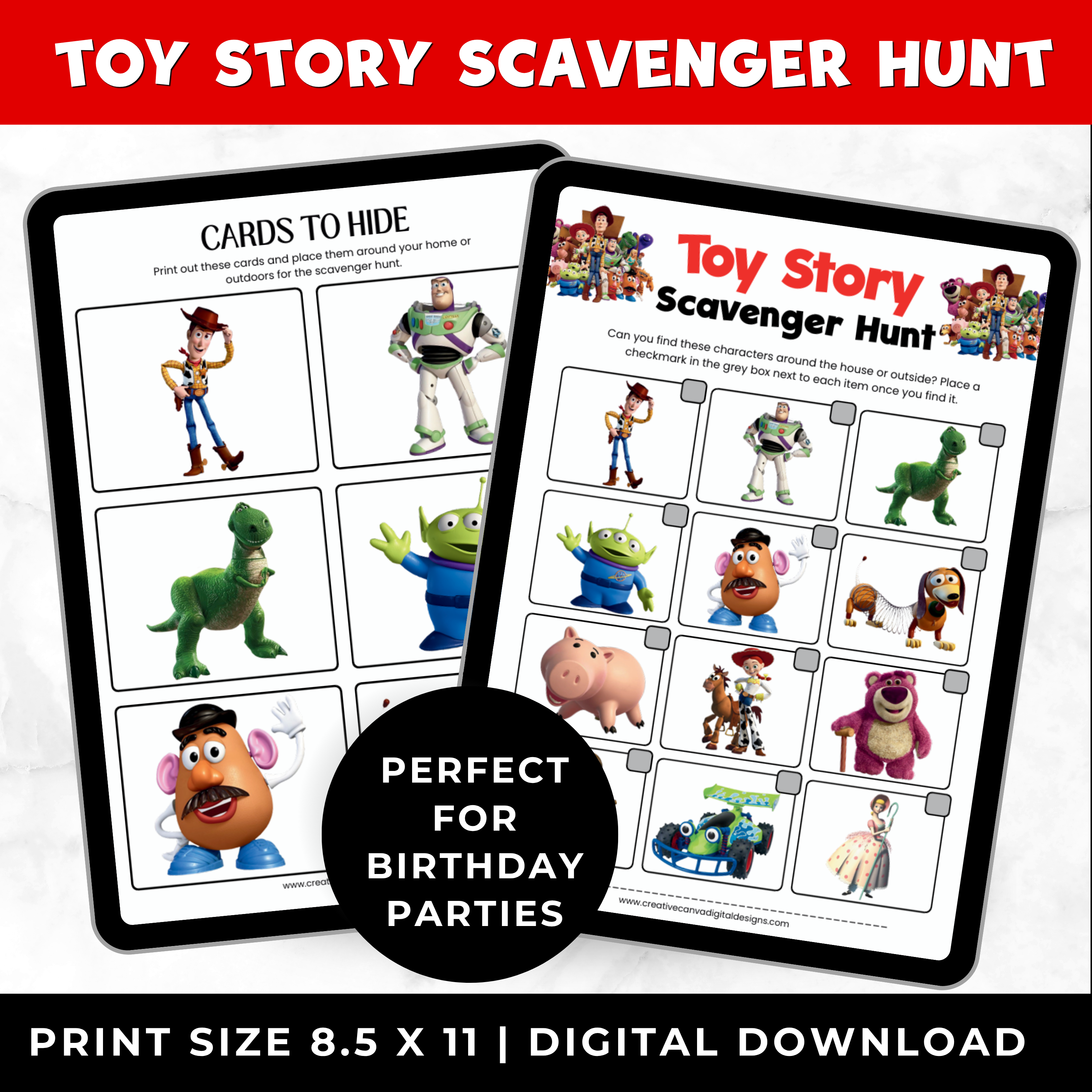 Toy Story Scavenger Hunt cards with character illustrations on a white background