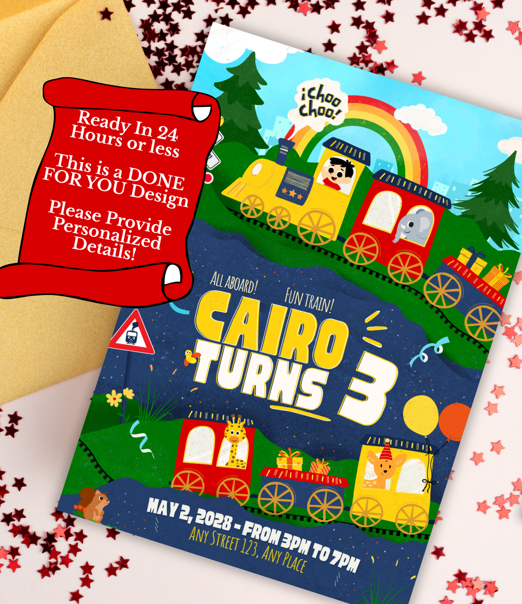 Train birthday invitation printable, product mockup